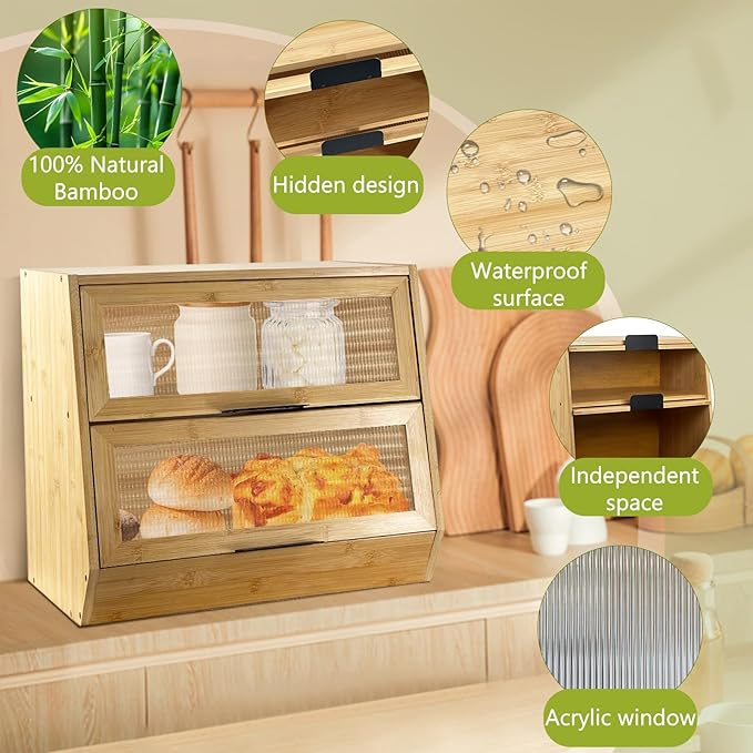 Thick&Thin Bread Box for Kitchen Countertop, Wooden Bread Storage For Kitchen Organizers, Large Capacity With Window Homemade Bread Bin, Double Layer Corner Bread Box