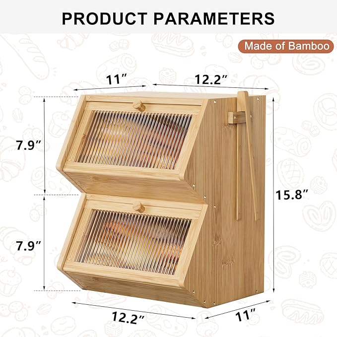 WOWLIVE Double Layer Bread Box for Kitchen Countertop, Large Bamboo Bread Storage Container for Homemade Bread, Farmhouse Bread Holder for Kitchen Counter Cabinet, Pantry, Cupboard (Natural, Medium)