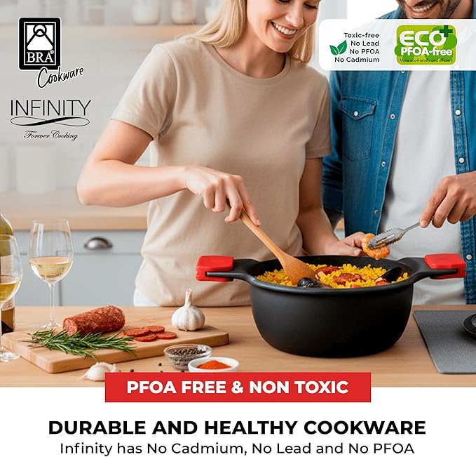 BRA COOKWARE Infinity Nonstick Stock Pot w/Glass Lid | 9.5 Inch 3.8 Quart Cast Aluminum Cooking Pot | PFOA/PFAS Free Deep Pot | All Cooktops (incl Induction) | Removable Silicone Handle