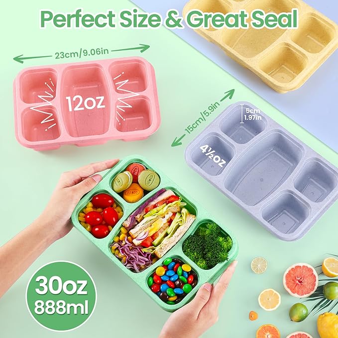 Bento Boxes Adult Lunch Containers 4 Pack, 5 Compartment Reusable Lunchable Containers for Kids, Stackable Snack Box With XXL Space for Sandwiches,Meal Prep for School
