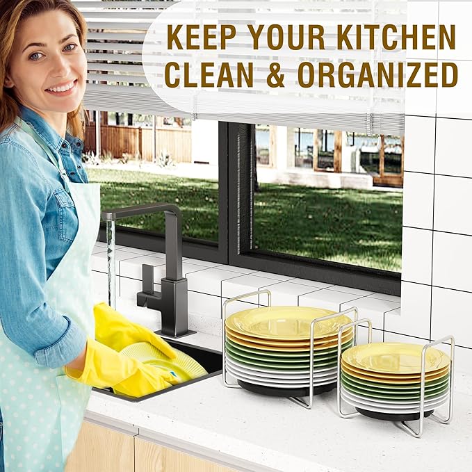 Plate Holder for Kitchen Drawers - Bamboo Dish Racks for Kitchen Counter 2Pcs Black S&L - Adjust 6.75" to 12.5" Stainless Steel Plate and Bowl Organizer for Cabinet, RV, Countertop