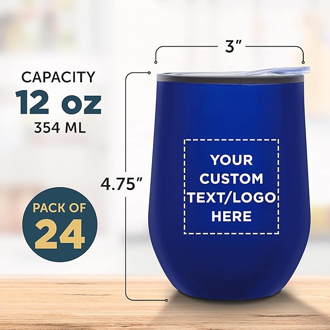 Custom Stemless Wine Tumblers 12 oz. Set of 24, Personalized Bulk Pack - Insulated, Perfect for Wine, Cocktails, Other Hot & Cold Beverages - Blue