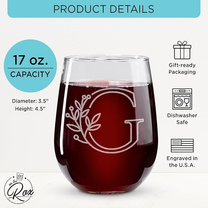 On The Rox Drinks Monogrammed Gifts For Women and Men - Letter A-Z Initial Engraved Monogram Stemless Wine Glass - 17 Oz Personalized Wine Gifts For Women and Men (G)