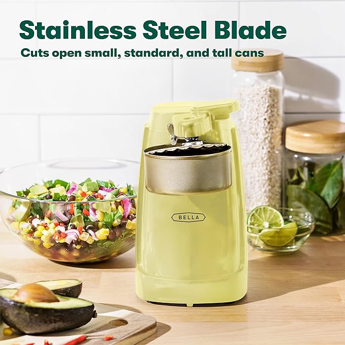 bella Electric Can Opener and Knife Sharpener, Multifunctional Bottle Opener with Removable Cutting Lever and Cord Storage, Stainless Steel Blade, Yellow