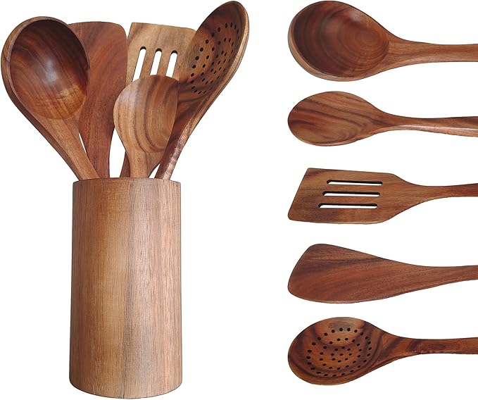 Wooden Kitchen Utensils Set, Teak Wood Cooking Spoons for Non-Stick Pans, 6 Pieces
