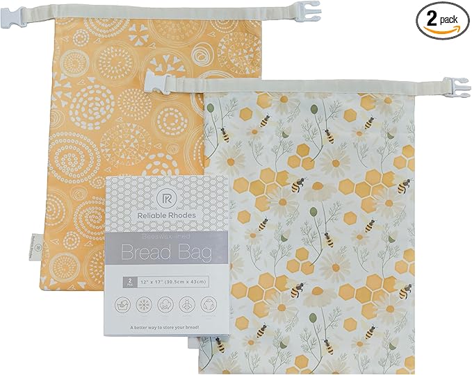 Reusable Beeswax Bread Bag 2 Pack –12x17 Bread Bag for Homemade Sourdough, Beeswax Coated Organic Cotton Storage Bag for Loaf Baguette, Freezer Safe, Eco-Friendly Wrap Honeybee