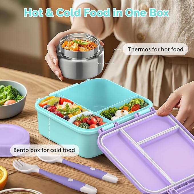 Bento Box for Kids with Soup Thermos(9oz)– Kid Bento Lunch Box with Leak Proof Insulated Food Jar, Hot & Cold Lunch Container Set for School Girls Boys, 4-Compartments, Purple/Blue