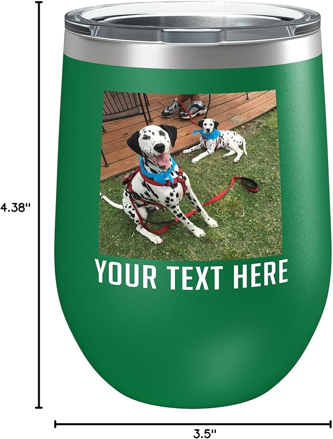 Personalized 12oz (17 Colors) Photo Printed Insulated Stainless Steel Powder Coated Stemless Wine Tumbler with Lid, Customized Gift Idea for Her, Custom Coach Gifts Team Mom Dad Mother's Day (Green)