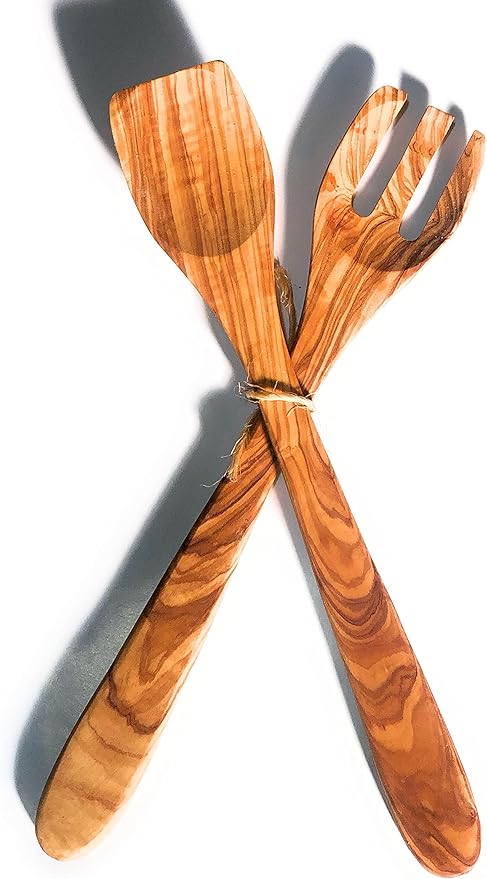 2 pc 14" Long Handle Artisan Olive Wood Salad Server Utensil Set- By ORCHARD HARDWOODS- Handmade Salad Spoon and Fork for Serving Salads, Non-Stick Cooking