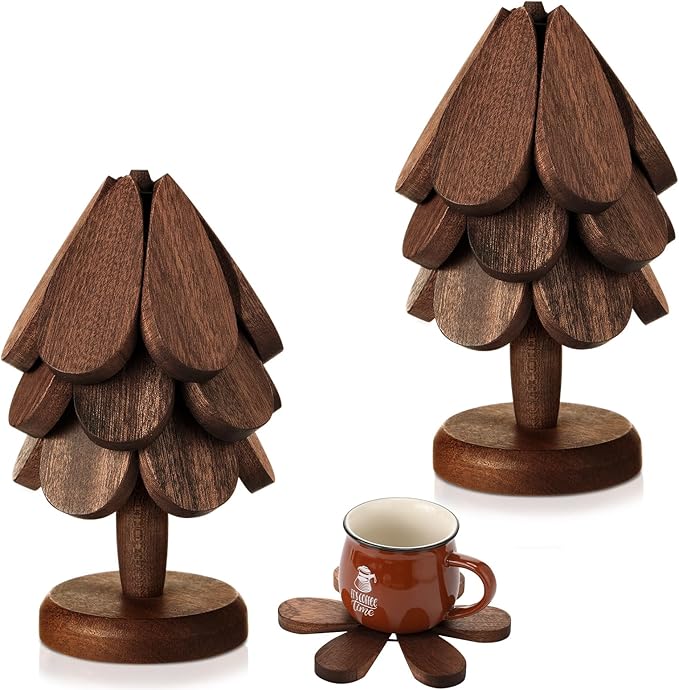 Suzile 2 Set Wooden Trivets - Tree Shape Foldable Heat Resistant Pads for Teapot Pans Bowl Kitchen (3 Layers)