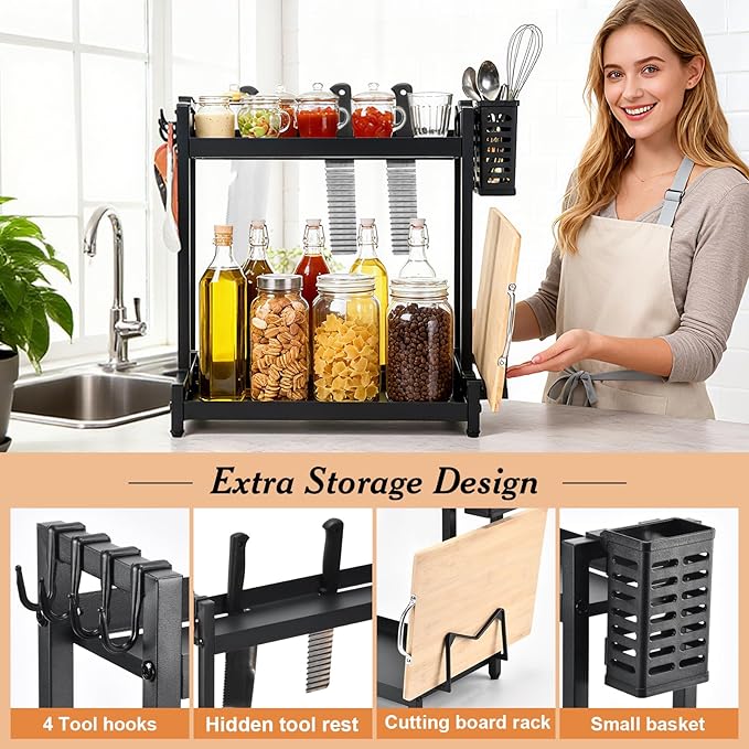 Countertop Spice Rack Organizer 2-Tier Seasoning Organizer with Metal Guardrail Design Suitable for Kitchen/Stovetop/Kitchen Island/Corner, Spice Rack Includes Basket, Hooks, and Pot Lid Holder