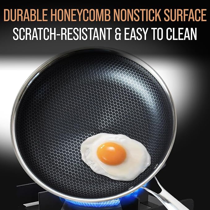 Stainless Steel Frying Pan Set, Sartenes de Acero Inoxidable 3-Piece Honeycomb Nonstick Skillets 8", 10", 12" With Lids, Spatula, Oven & Induction Compatible, Dishwasher Safe Pan Set