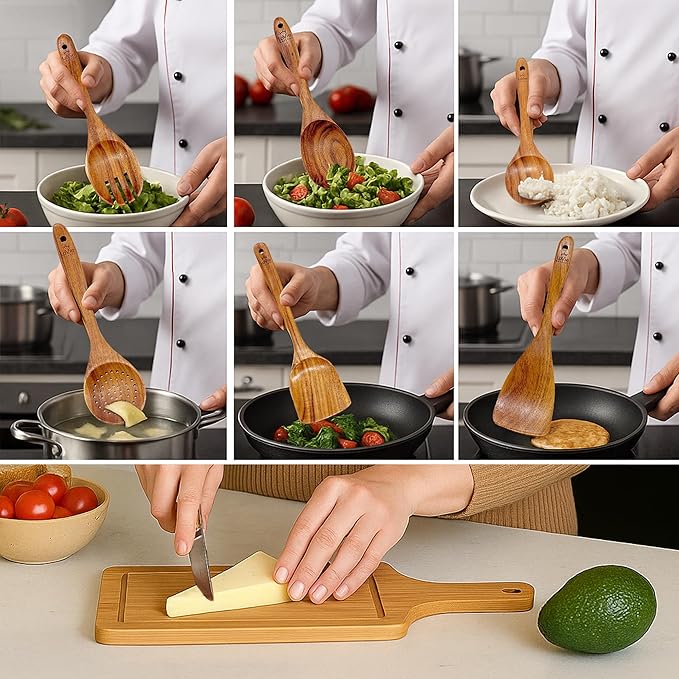 Teak Wooden Cooking Spoons Set -8-Piece Nonstick Cookware - Handmade Wooden Teak-Bamboo Charcuterie Board With Knife - Wooden Kitchen Utensils, Ideal Gift Set For Weeding,Birthday