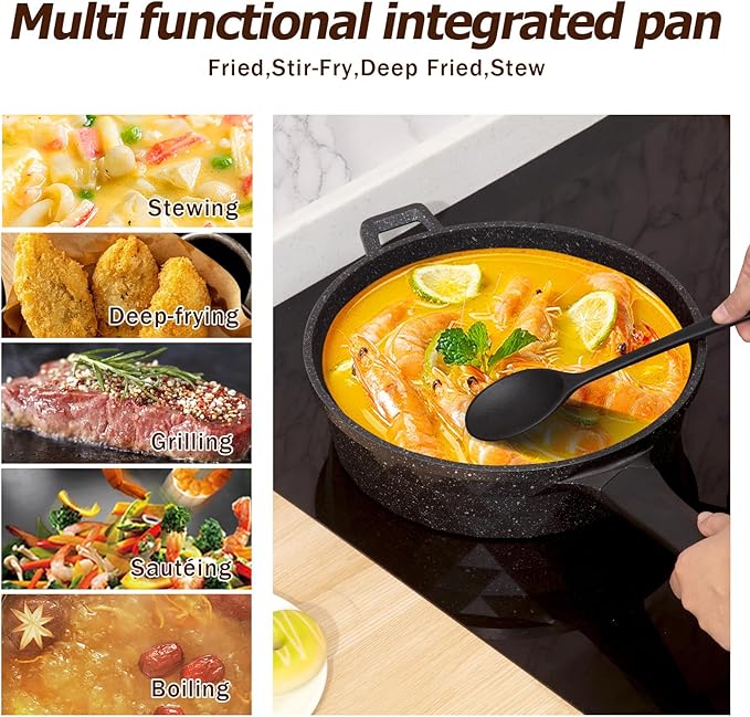 Nonstick Deep Frying Pan Skillet with Lid, 12 Inch Large Skillet, 5 Quarts Saute Pan, Granite Stone Non Stick Cooking Pan, Induction Compatible, PFOA Free