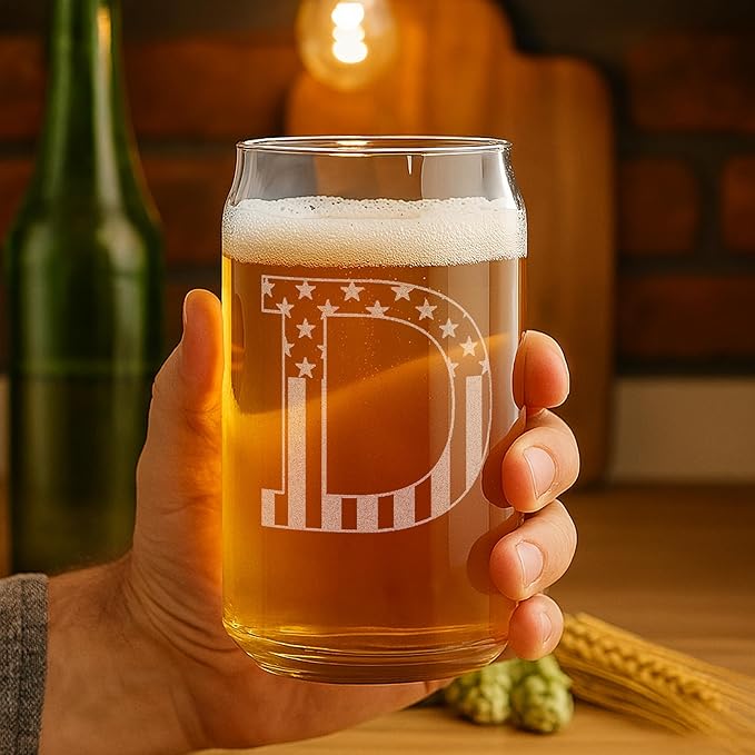 Monogram Beer Glasses for Men (A-Z) 16 oz - Beer Gifts for Men Brother Son Dad Neighbor - Unique Gifts for Him - Personalized Drinking Gift Beer Glass Mugs - Engraved Beer Can Glass (D)