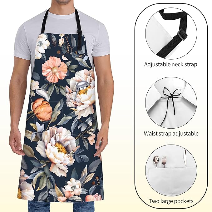 Floral Apron for Women with Peony,28x33in,Dark Romantic Garden Kitchen Aprons with 2 Pockets, Oxford Fabric,Flower Adjustable Apron for Cooking Baking Gardening Chef,Gifts for Mom Wife
