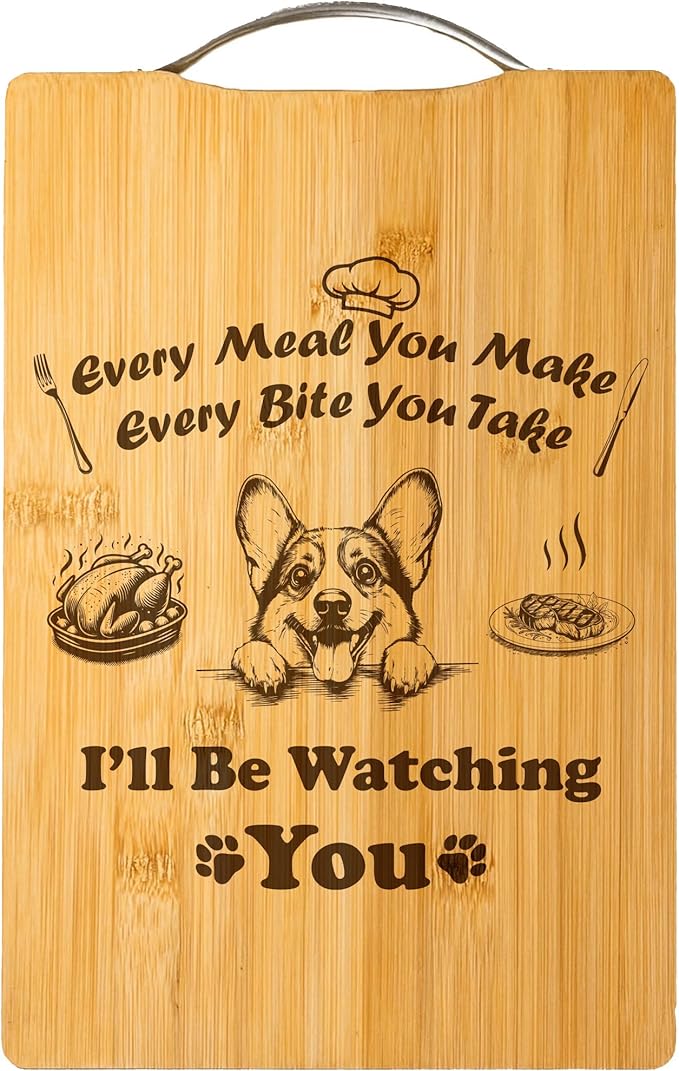 Personalized Engraved Bamboo Cutting Board, Holiday Funny Dog Gift for Pet Lovers, Handmade Kitchen Decor – I’ll Be Watching You (Corgi)