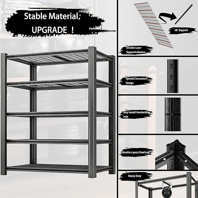 Storage Shelving Unit Heavy Duty Garage Shelves Metal Organizer Utility Rack for Kitchen Pantry Basement Pantry Warehouse Laundry Black 5-Tier 84" H x 55" W x 23.7" D 3000LBS