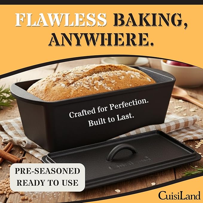 Cuisiland Rectangular Cast Iron Bread Loaf Pan, Heavy Duty 11x4.75x4,25" (14" L/Handles) with Lid (BLP137U)