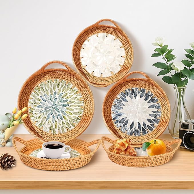 Christmas Gift Set – 3 Handwoven Rattan Trays with Natural Shell Inlay, Boho Decorative Wicker Serving & Coffee Table Trays with Handles for Home Decor, Candles, Snacks & Holiday Entertaining