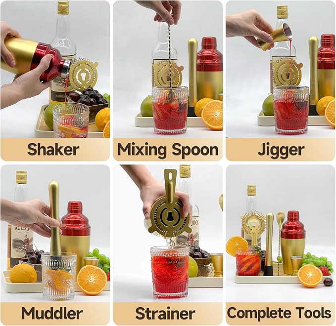 Bartender Kit 5-Piece Cocktail Shaker-Muddler for Cocktails Boston Shaker-Bar Accessories with Stylish Bamboo Stand Mix Drink Shaker kit Perfect Martini kit