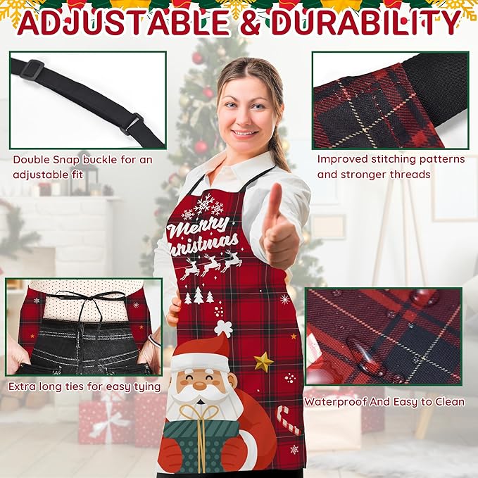 4 Pack Plus Size Funny Christmas Kitchen Aprons for Women Men Adjustable Cooking Chef Aprons Waterproof Bib Aprons Cute Xmas Party Aprons Gift for Bakers Wife Husband Family, Plaid