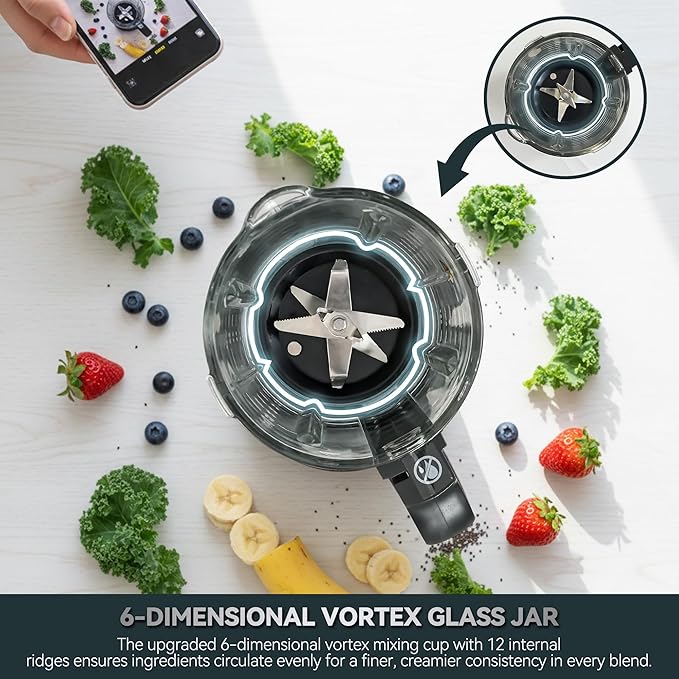 Glass Blenders for Kitchen – Stainless Steel Professional Blender for Smoothies 1500W Motor, Food Processor Combo 9 Adjustable Speeds, 14 Preset Programs, BPA-Free Glass Jar blender, Nut Milk, Soups