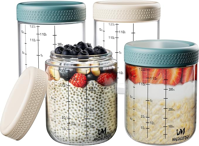 Mason jars 16 oz with lids. Glass meal prep containers. Overnight oats containers with lids. Chia seed pudding jars. Salad jar. Glass jars with airtight lid (4 Pack, Blue & Off-white)