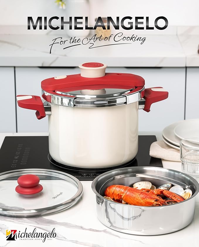 MICHELANGELO Pressure Cooker Stainless Steel 8.5 Quart, 3-in-1 Pressure Pot, One-Hand Locking System, Olla de Presion Colorful Design, Induction Compatible, with Glass Lid & Steamer
