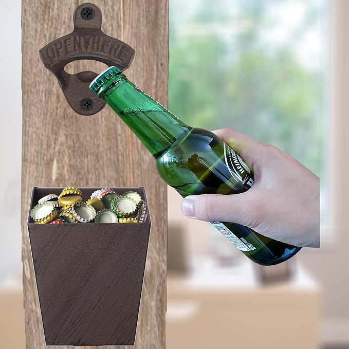 Rustic Cast Iron Beer Bottle Opener Wall Mounted with Cap Catcher Vintage Narrow Bundle