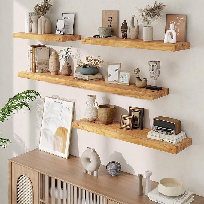 Floating Shelves, 8" Deep Rustic Solid Elm Wood Wall Mounted Floating Shelves, Wall Shelves with Invisible Bracket for Living Room Bathroom Bedroom Kitchen, 48 Inch, Natural