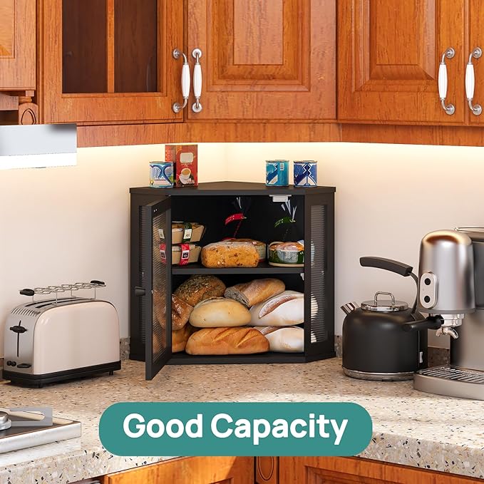 Corner Bread Box for Kitchen Counter, Bamboo Wood Black Bread Box, Large Capacity Bread Storage Bin with Acrylic Wavy Door Panel (Black, Meduim)