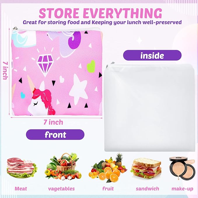 Chumia 6 Pcs Reusable Snack Bags Christmas Gifts Food Safety Washable Snack Bags Lunch with Zipper Portable Sandwich Bag Food Storage Pouch Double Layer(Lovely,7 x 7 Inches)