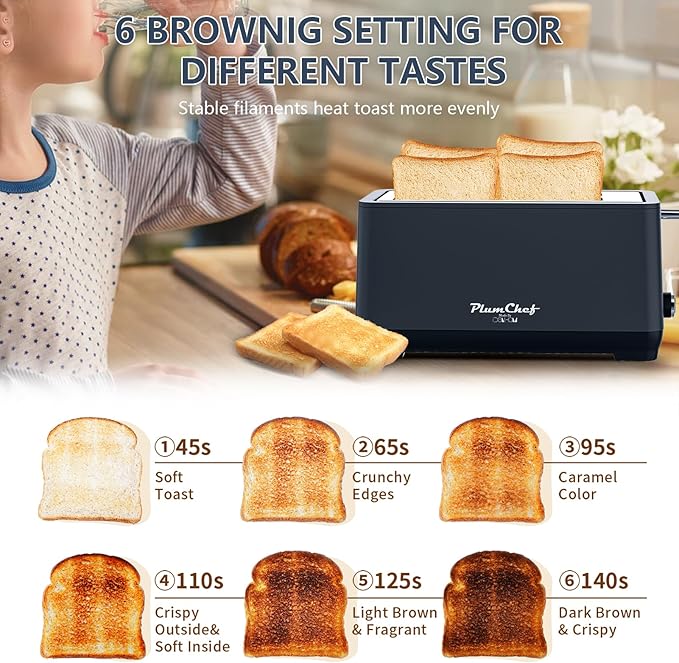 4-Slice Toaster, Extra Wide Long Slot Toaster with Warming Rack, 6 Browning Settings, Bagel/Defrost/Reheat Functions, Removable Crumb Tray, Stainless Steel Housing,Black