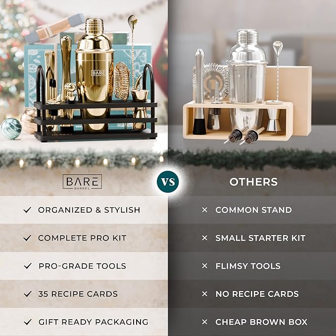 BARE BARREL® Mixology Bartender Kit Bar Set | 14-Piece Cocktail Shaker Set | Martini Barware Mixing Tools for Home Bartending | 35 Recipe Cards | Gift Set (24oz Cobbler Shaker, Gold/Black)