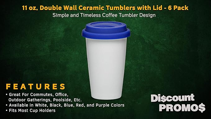DISCOUNT PROMOS 11 oz. Double Wall Ceramic Tumblers with Lid - 6 Pack - Blue