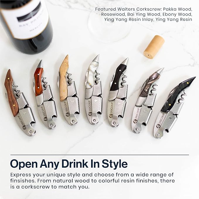 Hicoup Wine Opener - Professional Corkscrews for Wine Bottles w/Foil Cutter and Cap Remover - Manual Wine Key for Servers, Waiters, Bartenders and Home Use - Stainless Steel with Bai Ying Wood Inlay