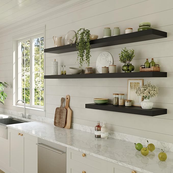 12 Inch Deep Floating Shelves for Wall 2 Pack Floating Shelfs Large Storage Space Wall Decor Display Shelf for Bathroom Living Room Bedroom Kitchen 48" W x 12" D x 1.2" H Black