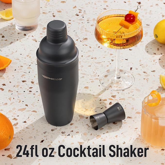 Modern Mixology Matte Black Bartender Kit – Cocktail Shaker and Jigger Set, 24oz Drink Mixer with Cap – Home Bar Tools for Mixing Cocktails, Martini, Margarita – Sleek Gift for Men & Women