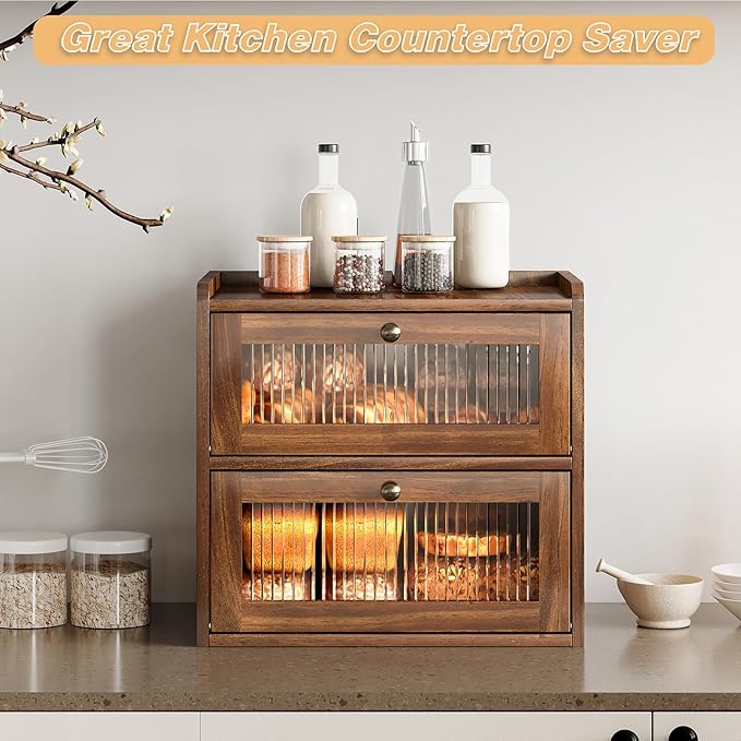 Double Layer Large Bread Box for Kitchen Counter, Wooden Corner Bread Storage Container with Acrylic Window, Retro Brown