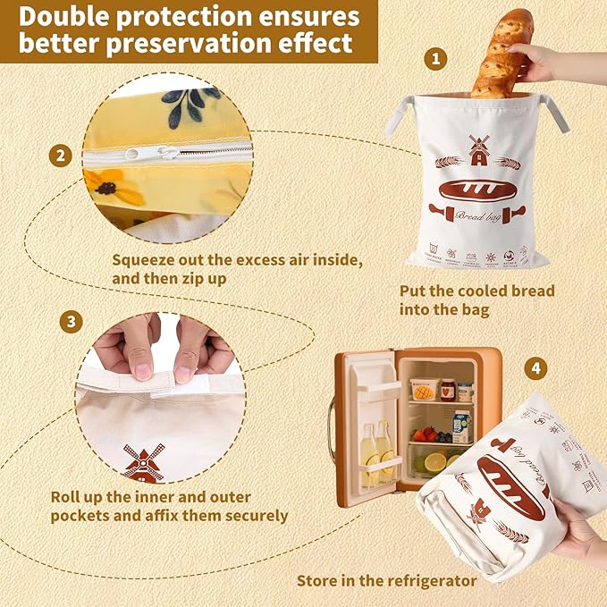 2 Pack Beeswax Bread Bags with Zipper for Homemade Bread & Sourdough, Reusable Natural Cotton Lined Storage with Easy-Clean Detachable Design, Freezer Safe Freshness Bag