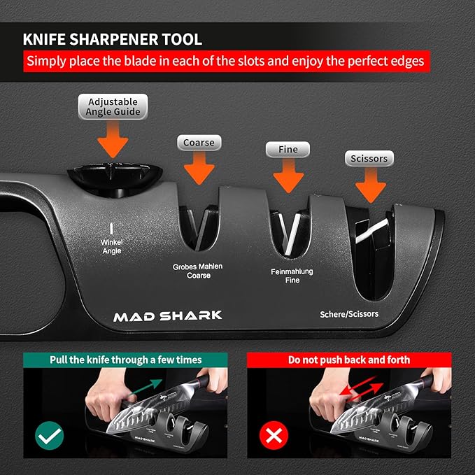 MAD SHARK Knife Sharpener, 6 Adjustable Sharpening Angle, Coarse & Fine Knife Sharpener Tool, Handheld Manual Knives Sharpener for Precision Kitchen Knives, Pocket, Scissors, Black