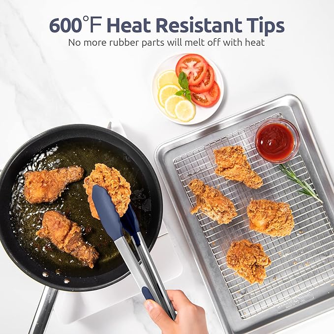 600ºF Heat Resistant Kitchen Tongs: U-Taste 12 inch Large Silicone Cooking Tong with Non Stick Rubber Tips & Silicon Coated 18/8 Stainless Steel Handle & Smooth Lock for Serving Grill (Midnight Blue)