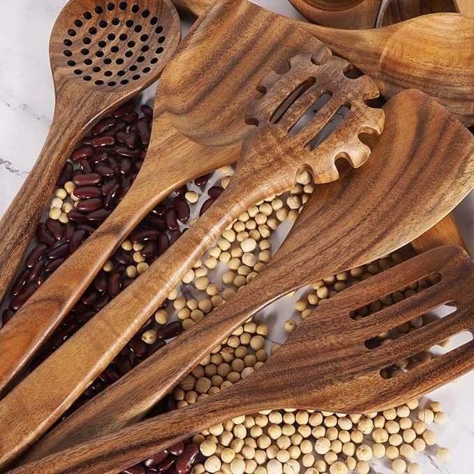 Wooden Spoons for Cooking – 9 Pc Teak Wood Utensil Set, Durable, Nonstick Safe & Heat Resistant with Ergonomic Handles - Unique Kitchen Gifts for Women Men, Cooking Gifts for Men Women