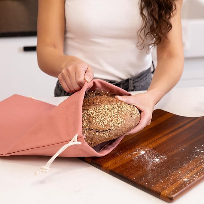 2-Pack Reusable Cotton Bread Bags (Pink + Neutral) - Fits 2 Loaves | Food-Safe, BPA-Free Liner Keeps Homemade & Sourdough Bread Fresh | Eco-Friendly, Washable | BHTR Goods