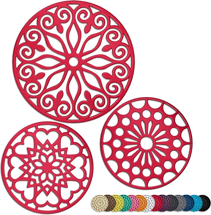 3 Set Silicone Trivet Mats with 1 Extra Large Included | Intricately Carved Insulated Flexible Durable Non Slip Thick Round Premium Trivets for Hot pots and Pans | Rubin Red