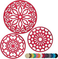 3 Set Silicone Trivet Mats with 1 Extra Large Included | Intricately Carved Insulated Flexible Durable Non Slip Thick Round Premium Trivets for Hot pots and Pans | Rubin Red