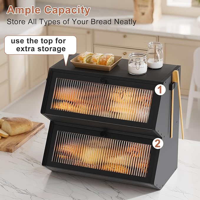 WOWLIVE Double Layer Bread Box for Kitchen Countertop, Large Bamboo Bread Storage Container for Homemade Bread, Farmhouse Bread Holder for Kitchen Counter Cabinet, Pantry, (Black, Extra Large)