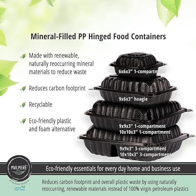 MULMEHË Eco-Friendly Mineral Filled Polypropylene Plastic Hinged Take Out Food Containers, 10x10x3, Vented Single Compartment, Black (200)