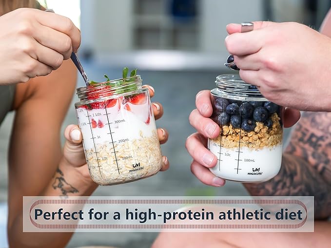 Mason jars 16 oz with lids. Glass meal prep containers. Overnight oats containers with lids. Chia seed pudding jars. Salad jar. Glass jars with airtight lid (4 Pack, Blue & Off-white)